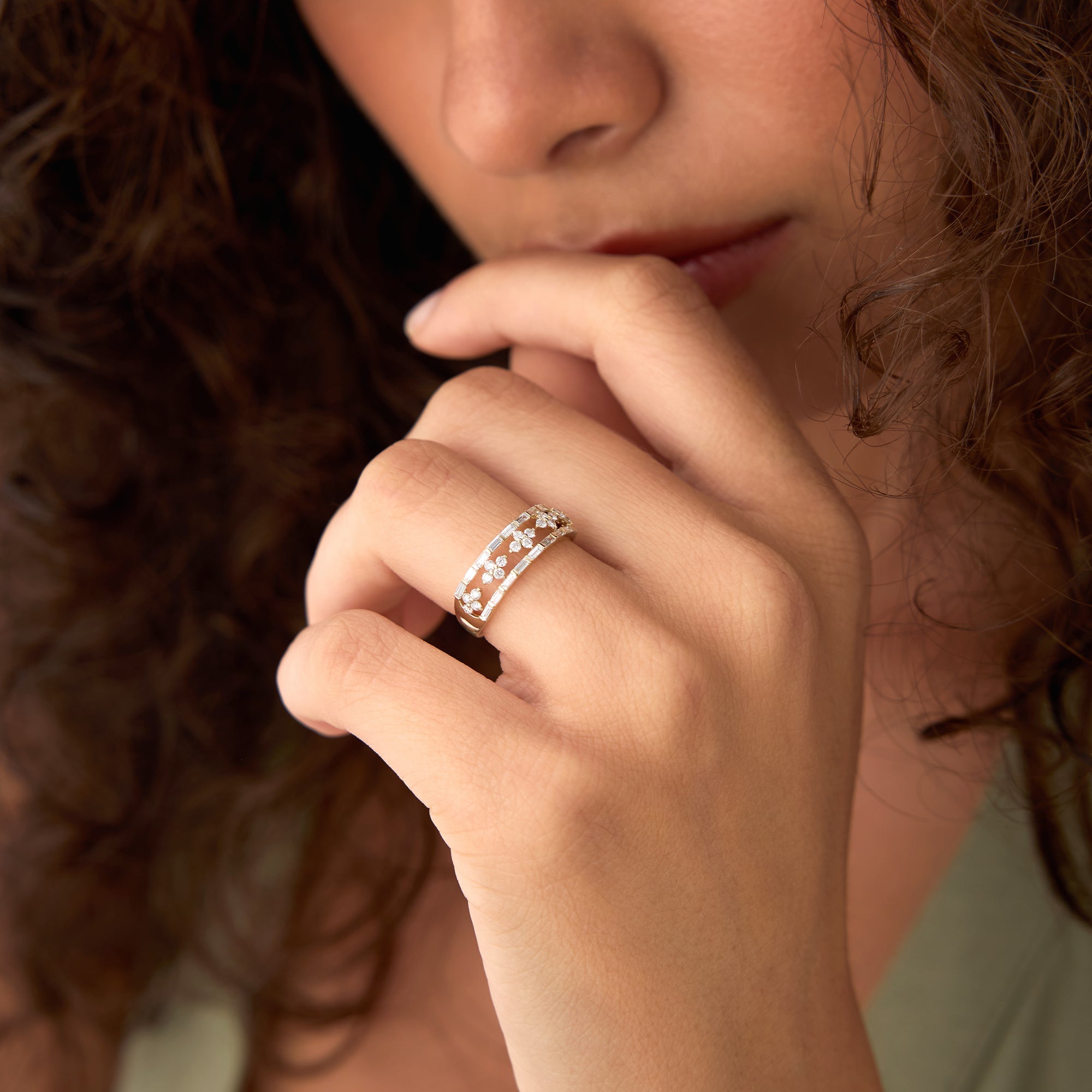 OBFJ0006 - Wide Band Ring with Baguette and Round Diamond Cluster Accents - 14k Gold 3