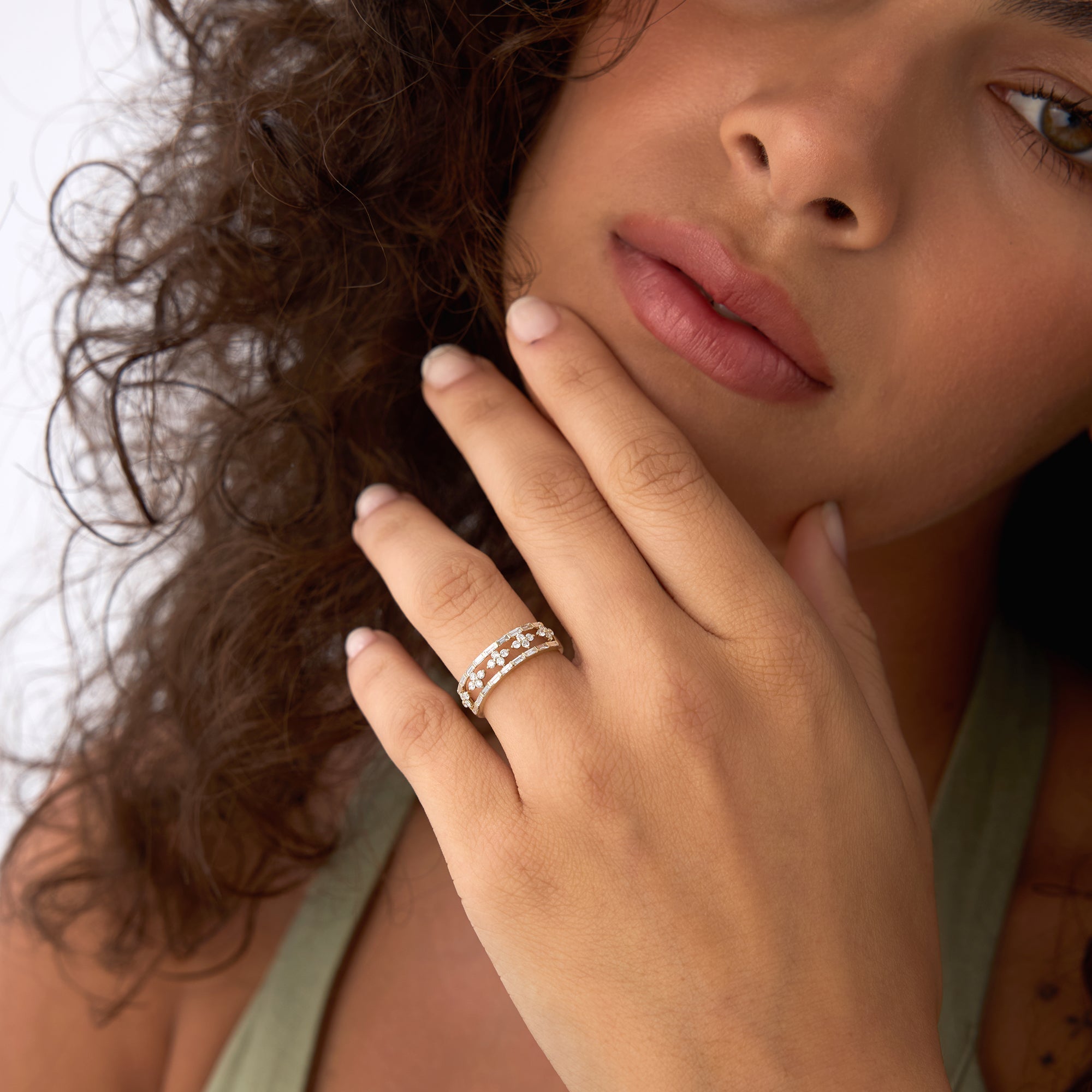 OBFJ0560 - 14k Wide Band Ring with Baguette and Round Diamond Cluster Accents 4