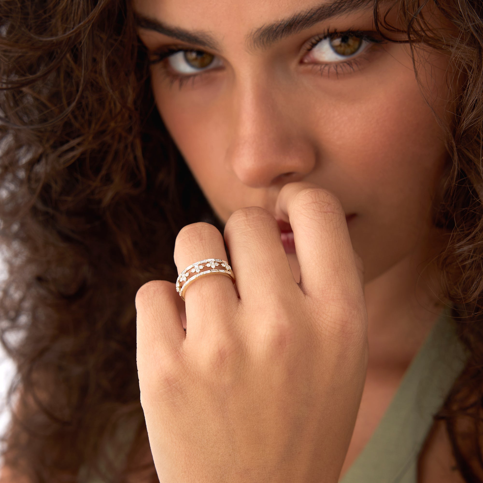 OBFJ0560 - 14k Wide Band Ring with Baguette and Round Diamond Cluster Accents 2