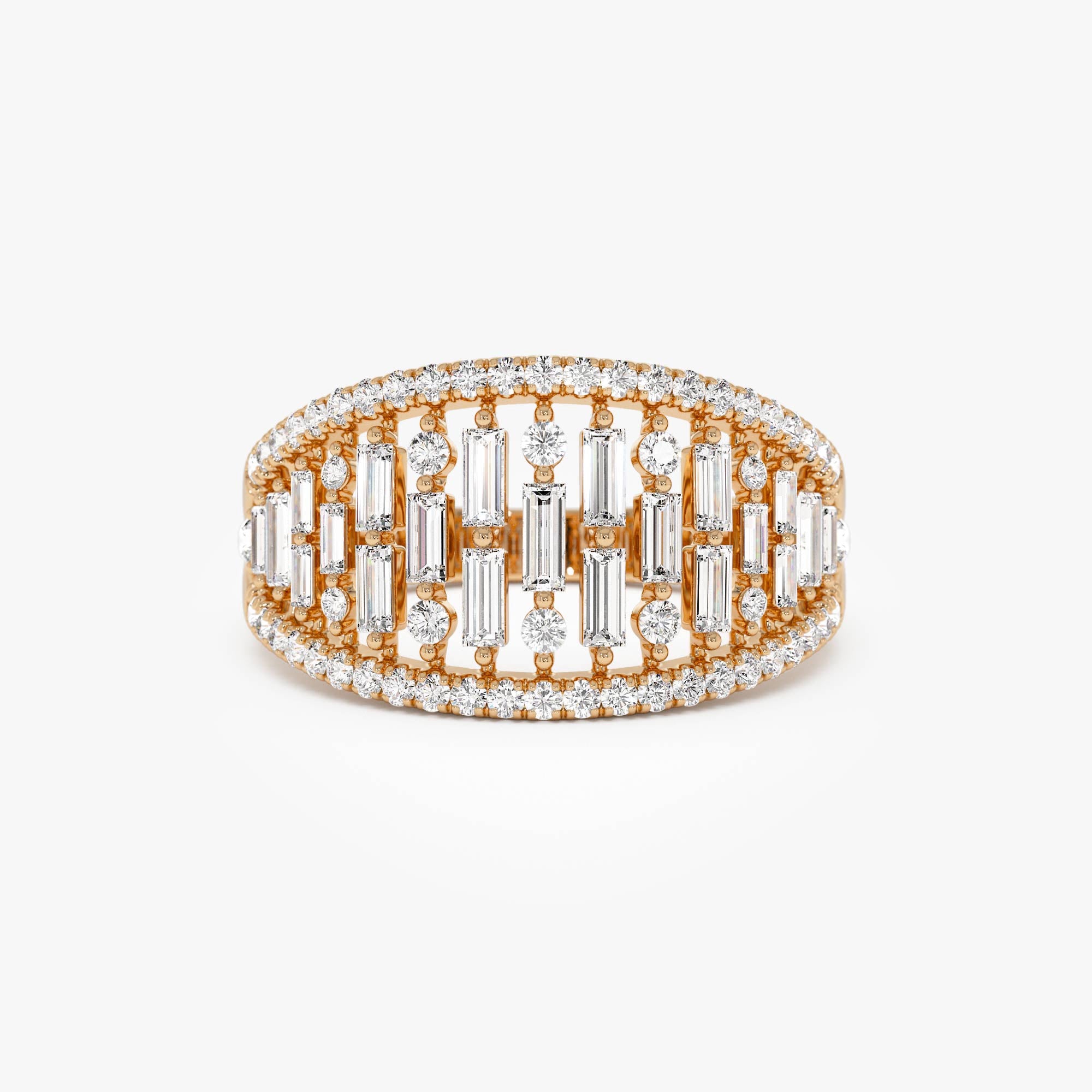 OBFJ0626 - 14k Gold Multi Row Baguette Diamond Statement Ring 6