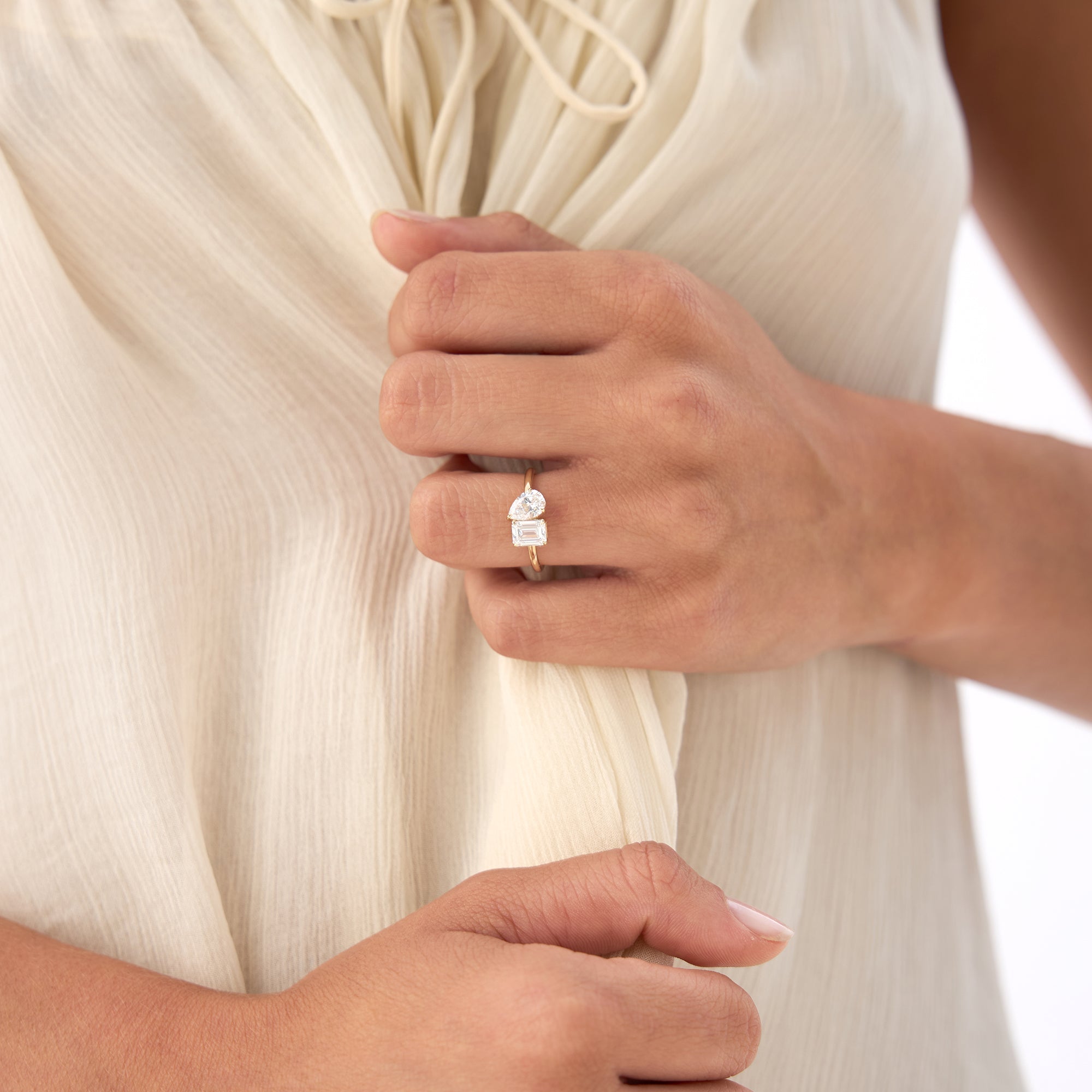 OBFJ0558 - 1.50 Ctw 14k Emerald Cut and Pear Shaped Lab Grown Diamond Toi Et Moi Ring - Amabel 4