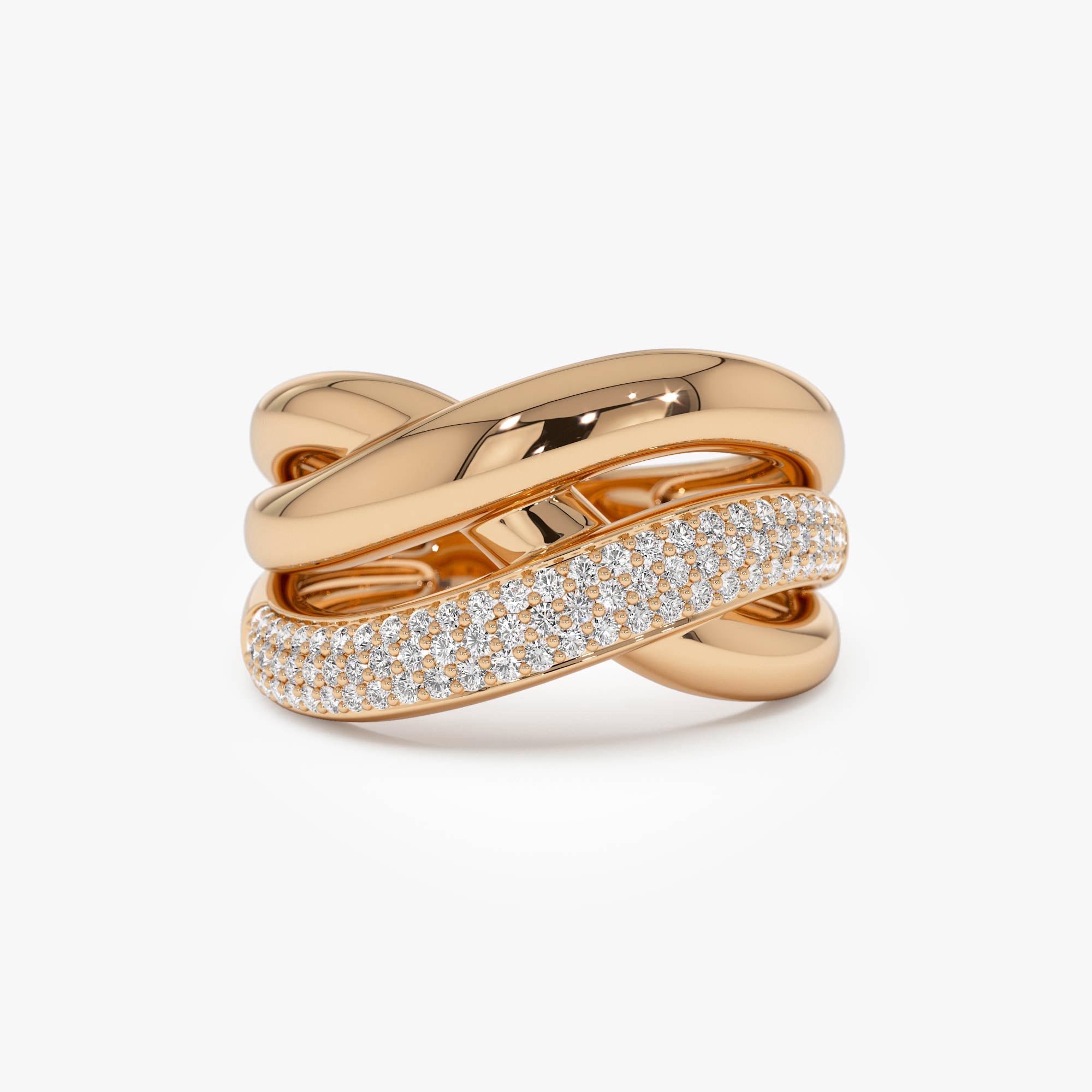 OBFJ0501 - 14k Gold Triple Band Crossover Diamond Statement Ring 8