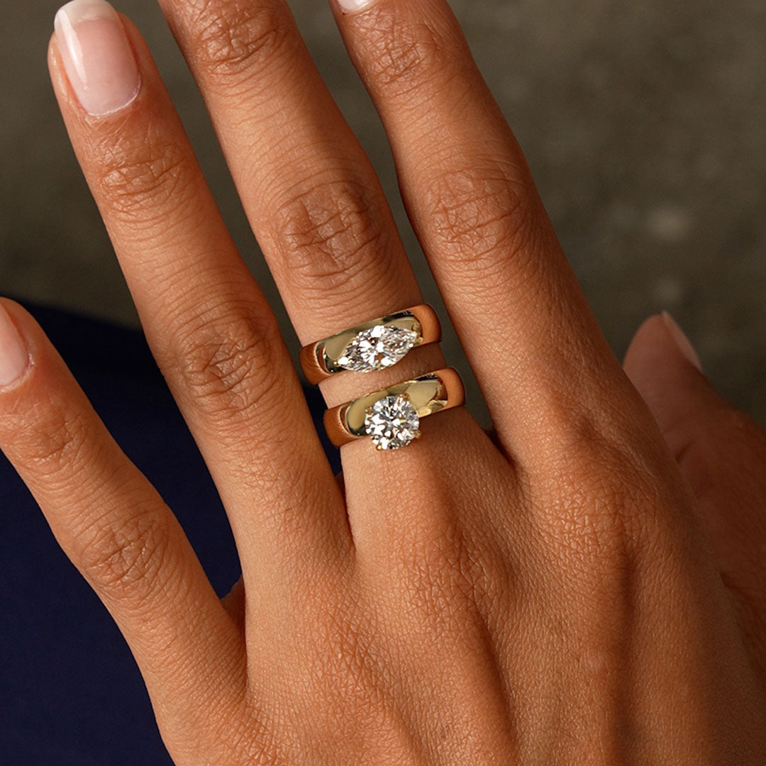 OBFJ0602 - 1.00 Ctw 14k Lab Grown Marquise Shaped Diamond Solitaire Ring with Wide Band - Solara 2