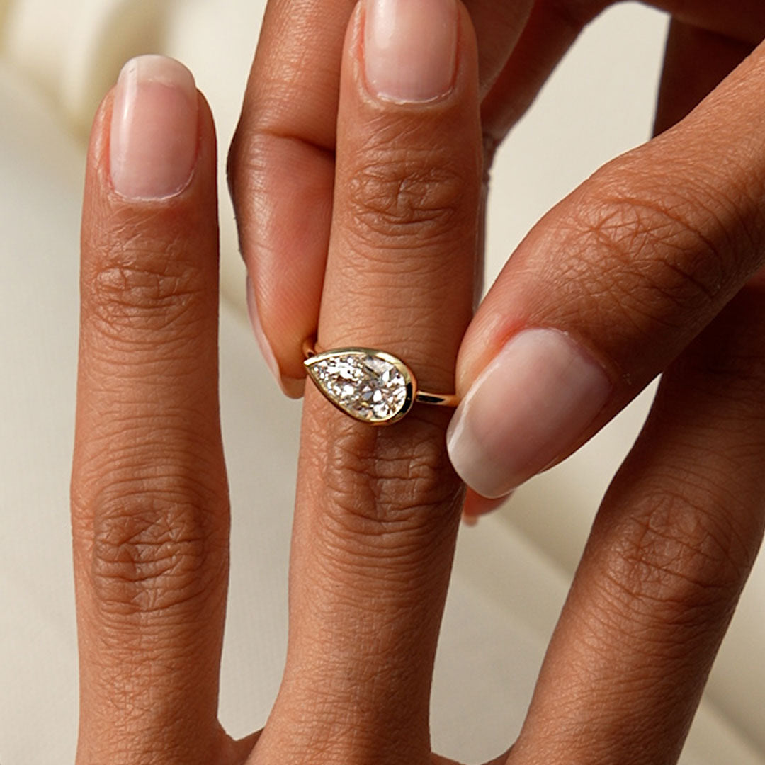 OBFJ0591 - 1.50 Ctw East West Pear Shaped Lab Grown Bezel Setting Modern Engagement Ring, Mirabel 2