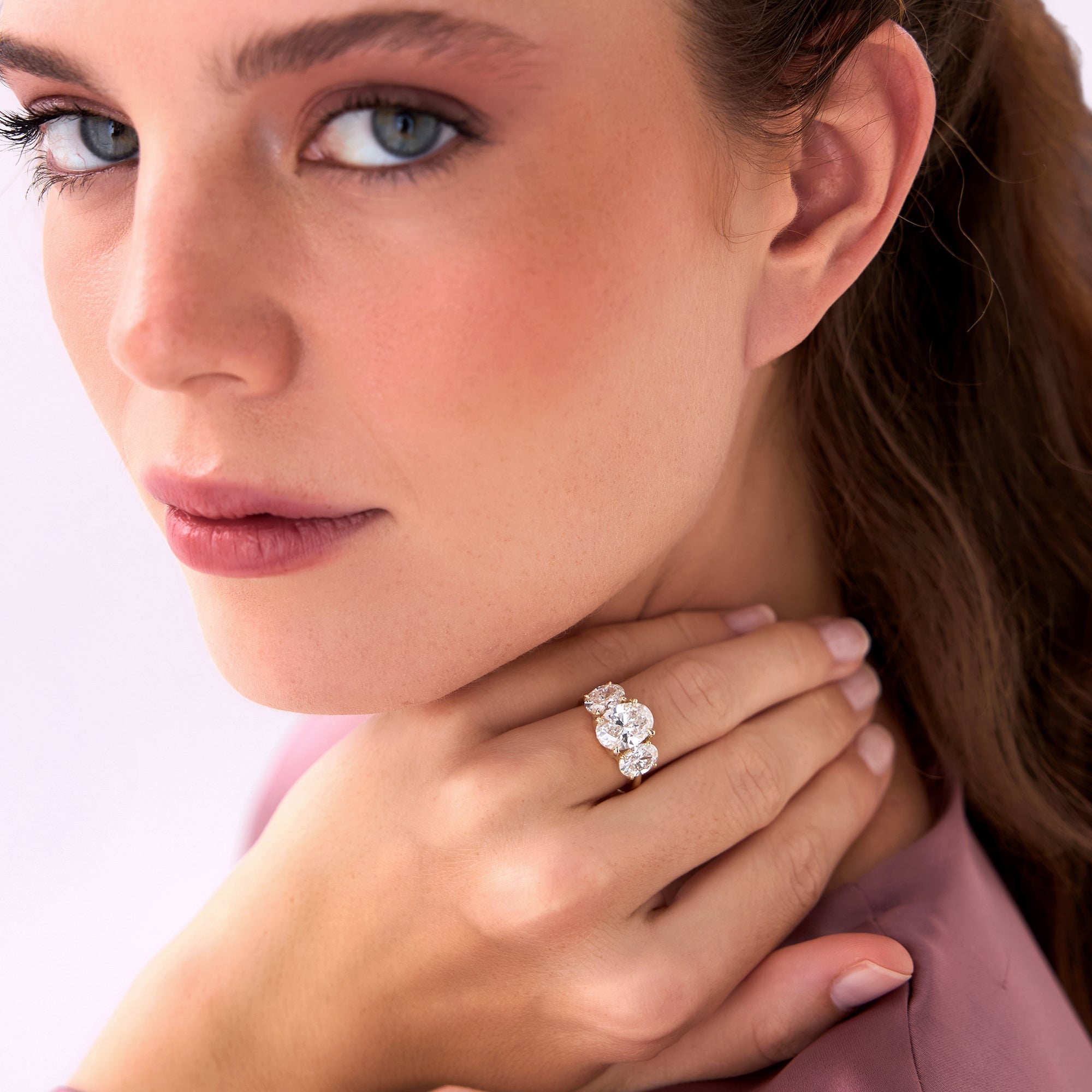 OBFJ0555 - 5.15 Ctw 14k Lab Grown Oval Shaped Three-Stone Diamond Engagement Ring - Laura 5