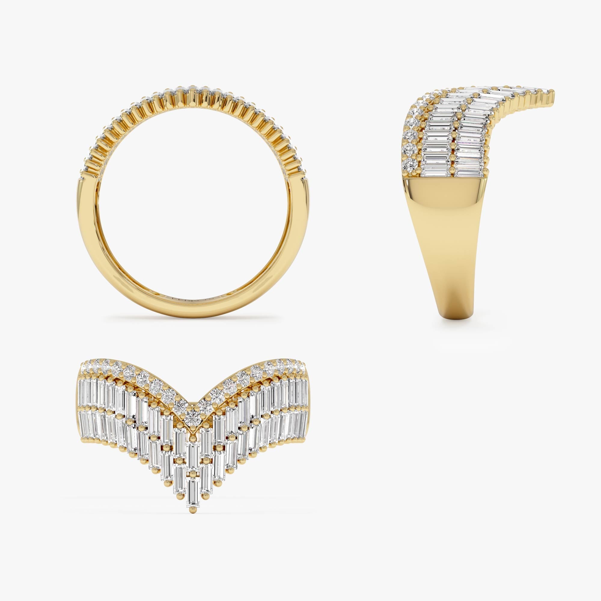 OBFJ0619 - 14k Baguette and Round Diamond Chevron Statement Ring 10