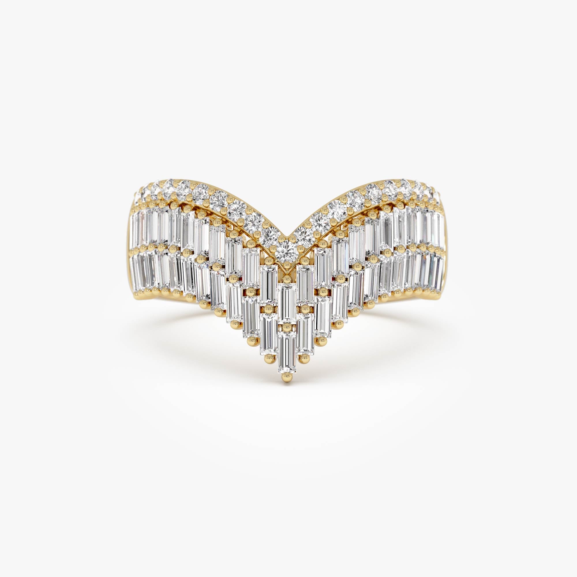 OBFJ0619 - 14k Baguette and Round Diamond Chevron Statement Ring 1