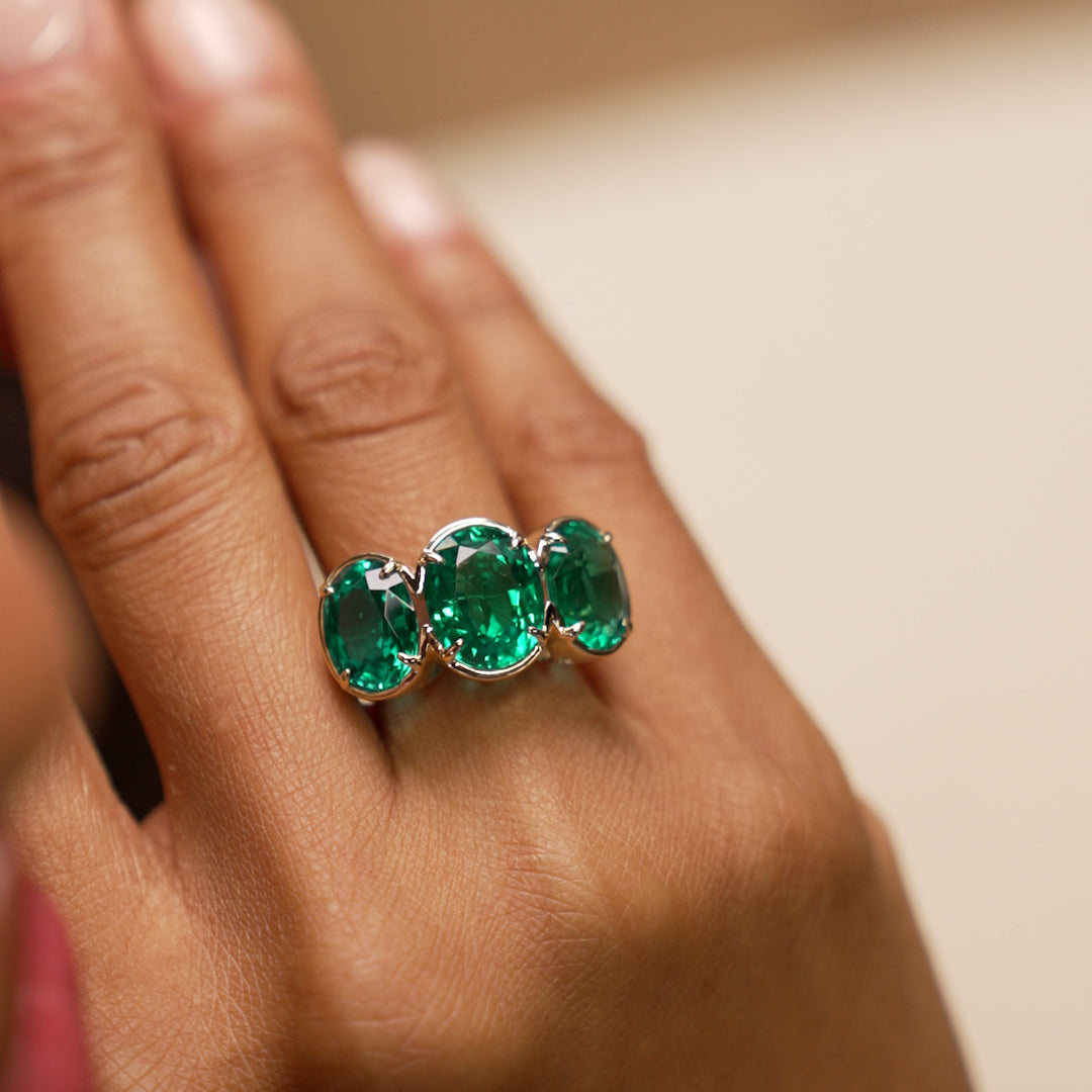 OBFJ0029 - 9.15 Ctw Lab Grown Colombian Emerald Three Stone Ring - Thea - 14K Gold 3