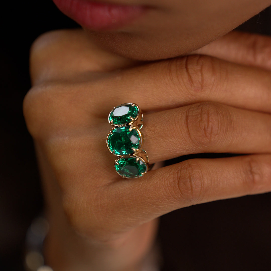 OBFJ0363 - 9.15 Ctw 14k Lab Grown Colombian Emerald Three Stone Ring - Thea 2