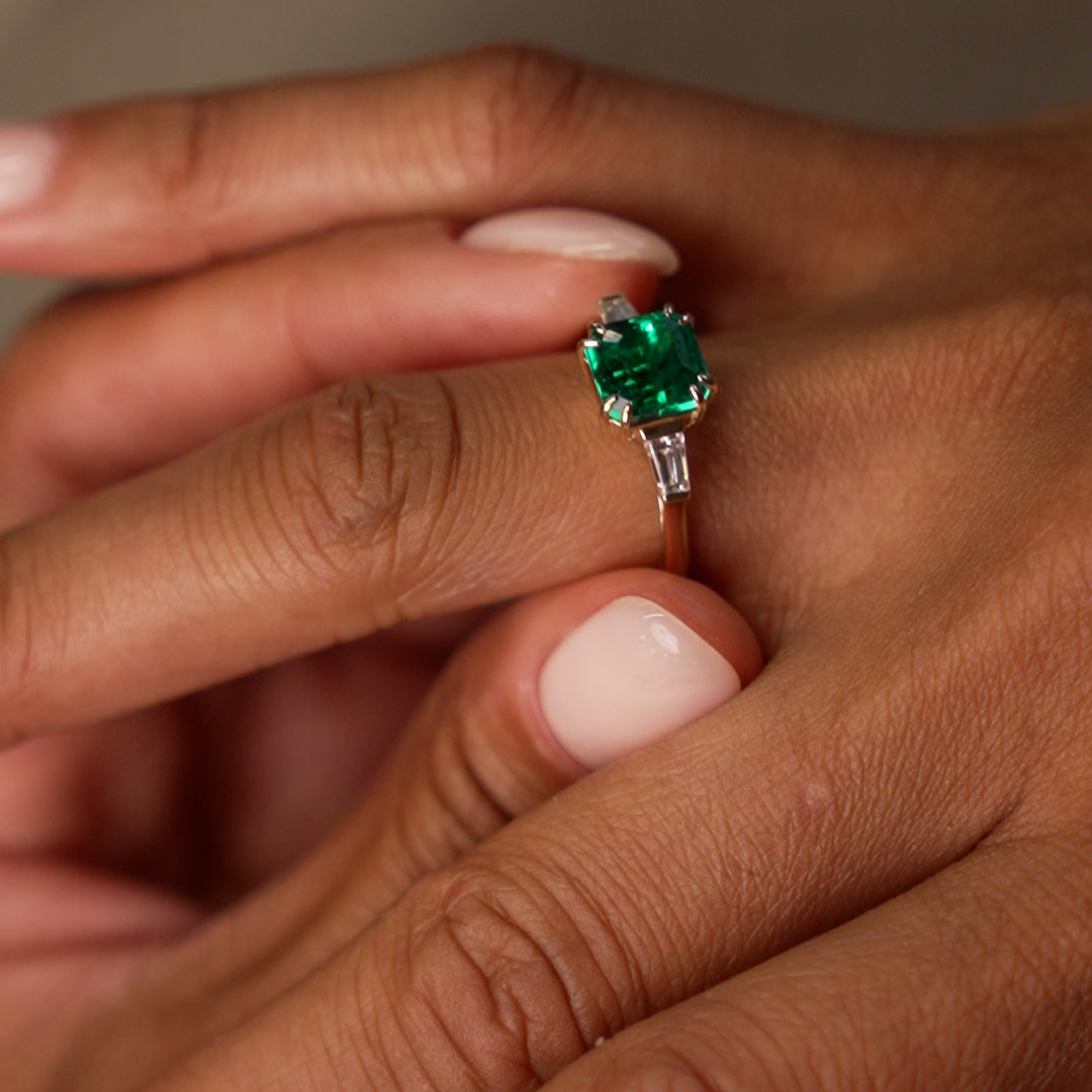 OBFJ0372 - 2.35 Ctw 14k Asscher Cut Lab Grown Colombian Emerald and Baguette Diamond Ring - Lena 3