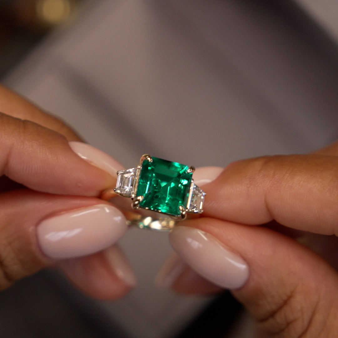 OBFJ0375 - 6.00 Ctw Lab Grown Colombian Emerald and Trapezoid Diamond Three Stone Engagement Ring - Demi 2