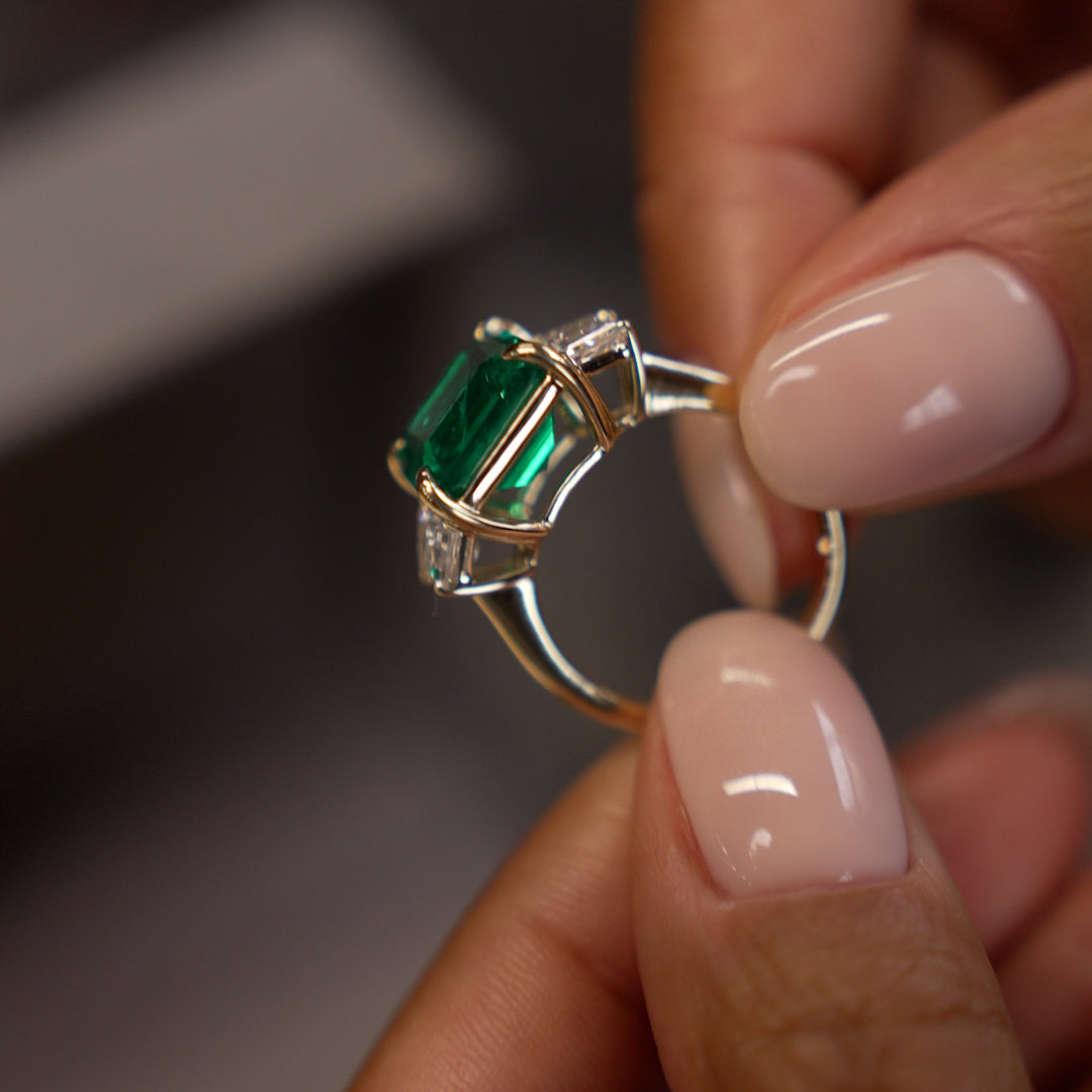 OBFJ0375 - 6.00 Ctw Lab Grown Colombian Emerald and Trapezoid Diamond Three Stone Engagement Ring - Demi 5