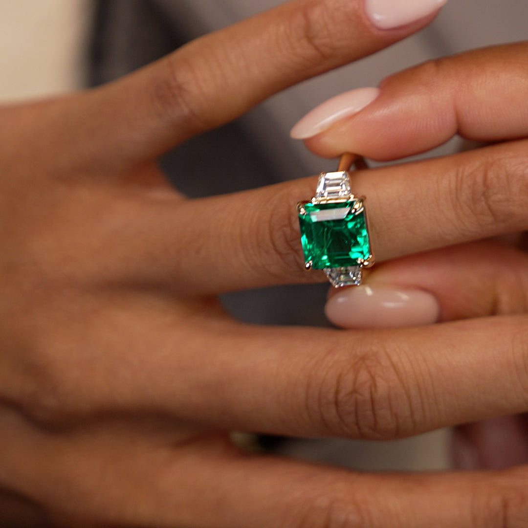 OBFJ0375 - 6.00 Ctw Lab Grown Colombian Emerald and Trapezoid Diamond Three Stone Engagement Ring - Demi 6