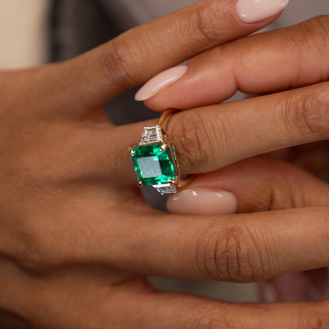 OBFJ0375 - 6.00 Ctw Lab Grown Colombian Emerald and Trapezoid Diamond Three Stone Engagement Ring - Demi 4