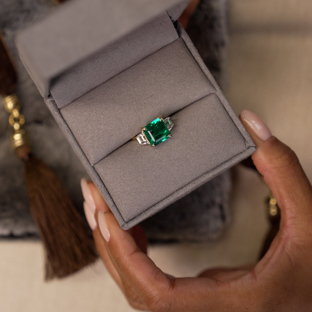 OBFJ0375 - 6.00 Ctw Lab Grown Colombian Emerald and Trapezoid Diamond Three Stone Engagement Ring - Demi 7