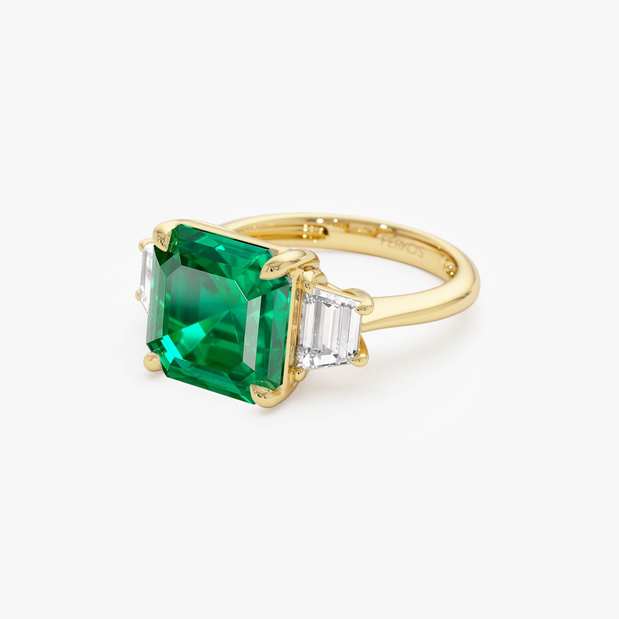 OBFJ0375 - 6.00 Ctw Lab Grown Colombian Emerald and Trapezoid Diamond Three Stone Engagement Ring - Demi 10