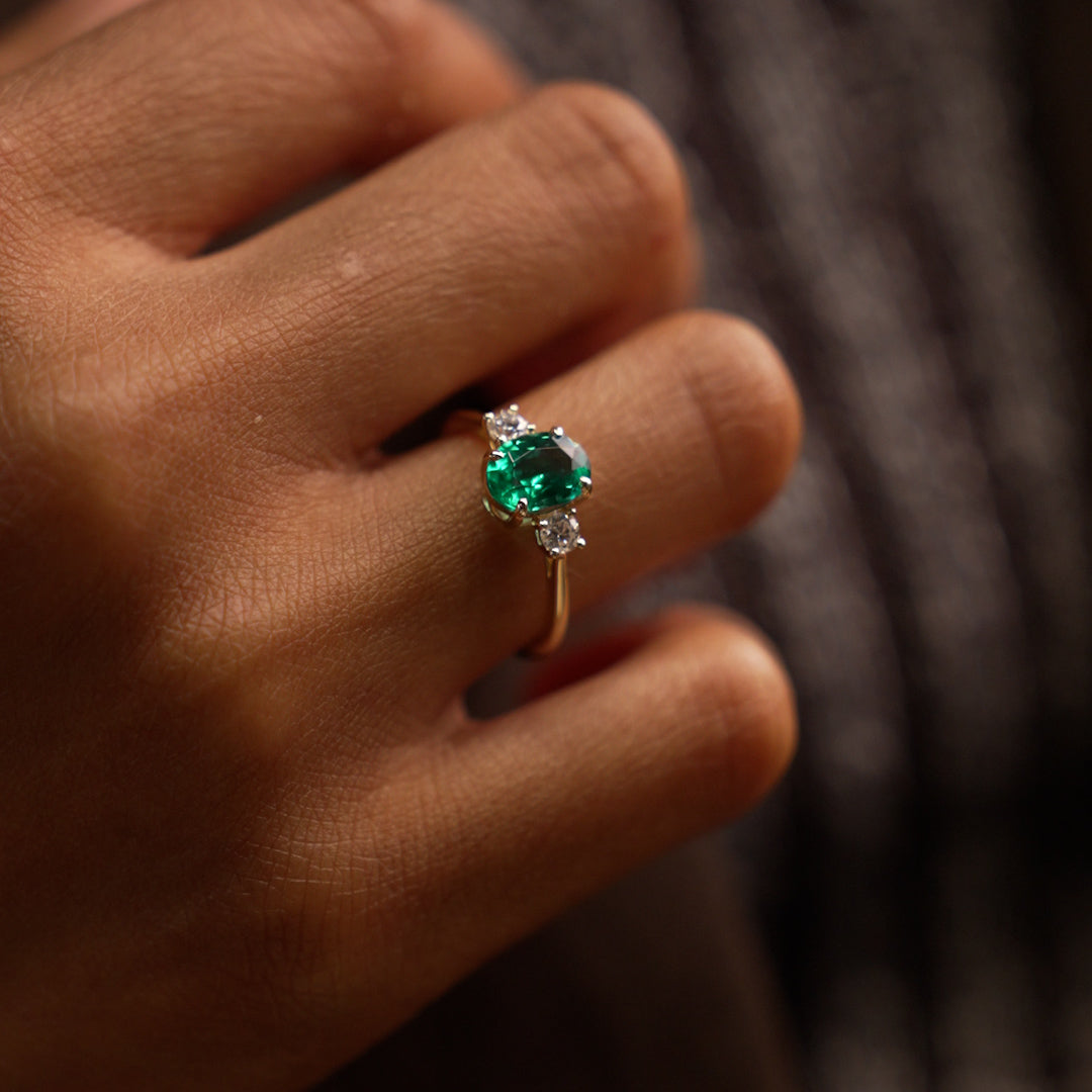 OBFJ0378 - 1.20 Ctw 14k Lab Grown Colombian Emerald and Diamond Three Stone Ring - Lyra 4