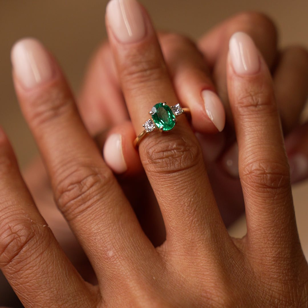 OBFJ0378 - 1.20 Ctw 14k Lab Grown Colombian Emerald and Diamond Three Stone Ring - Lyra 2