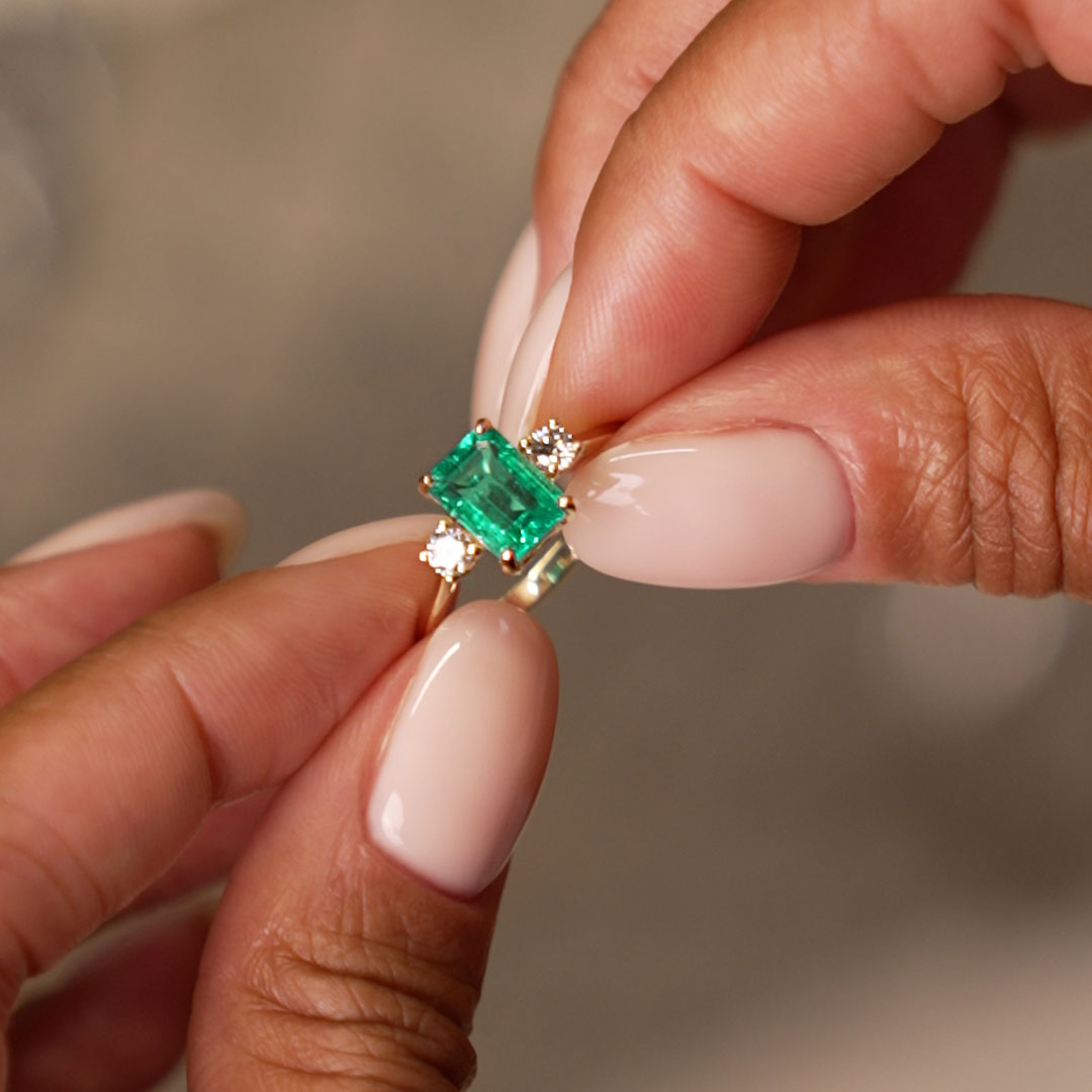 OBFJ0379 - 1.50 Ctw Lab Grown Colombian Emerald and Diamond Three Stone Ring - Thia 3