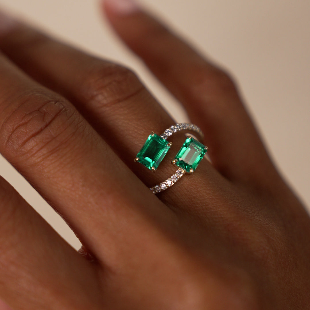 OBFJ0373 - 1.15 Ctw 14k Lab Grown Emerald and Diamond Bypass Statement Ring - Danae 4