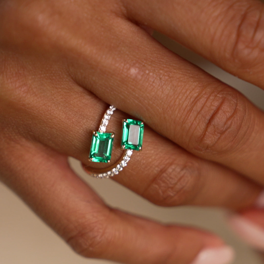 OBFJ0032 - 1.15 Ctw Lab Grown Emerald and Diamond Bypass Statement Ring - Danae - 14K Gold 6