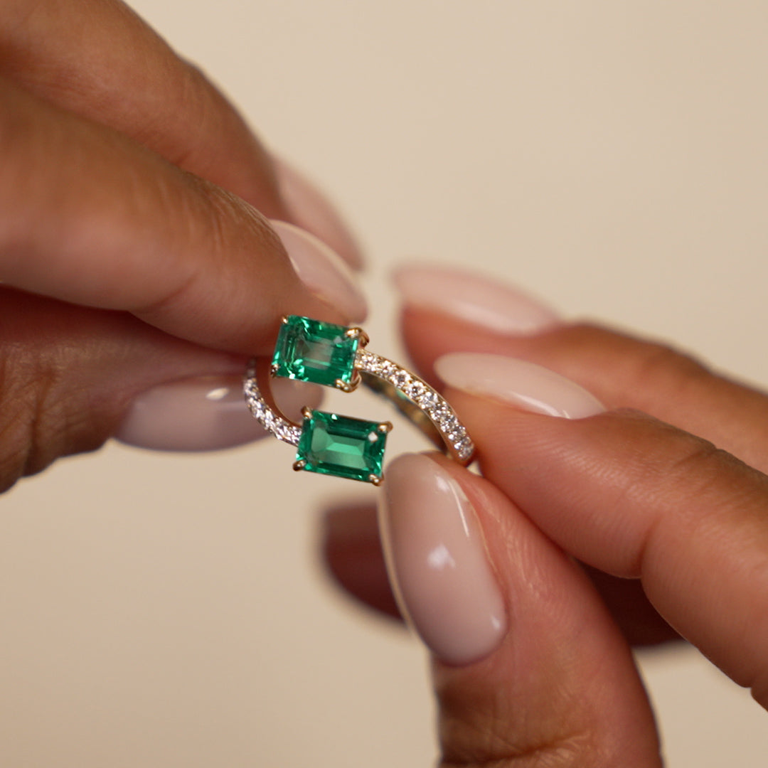 OBFJ0032 - 1.15 Ctw Lab Grown Emerald and Diamond Bypass Statement Ring - Danae - 14K Gold 3