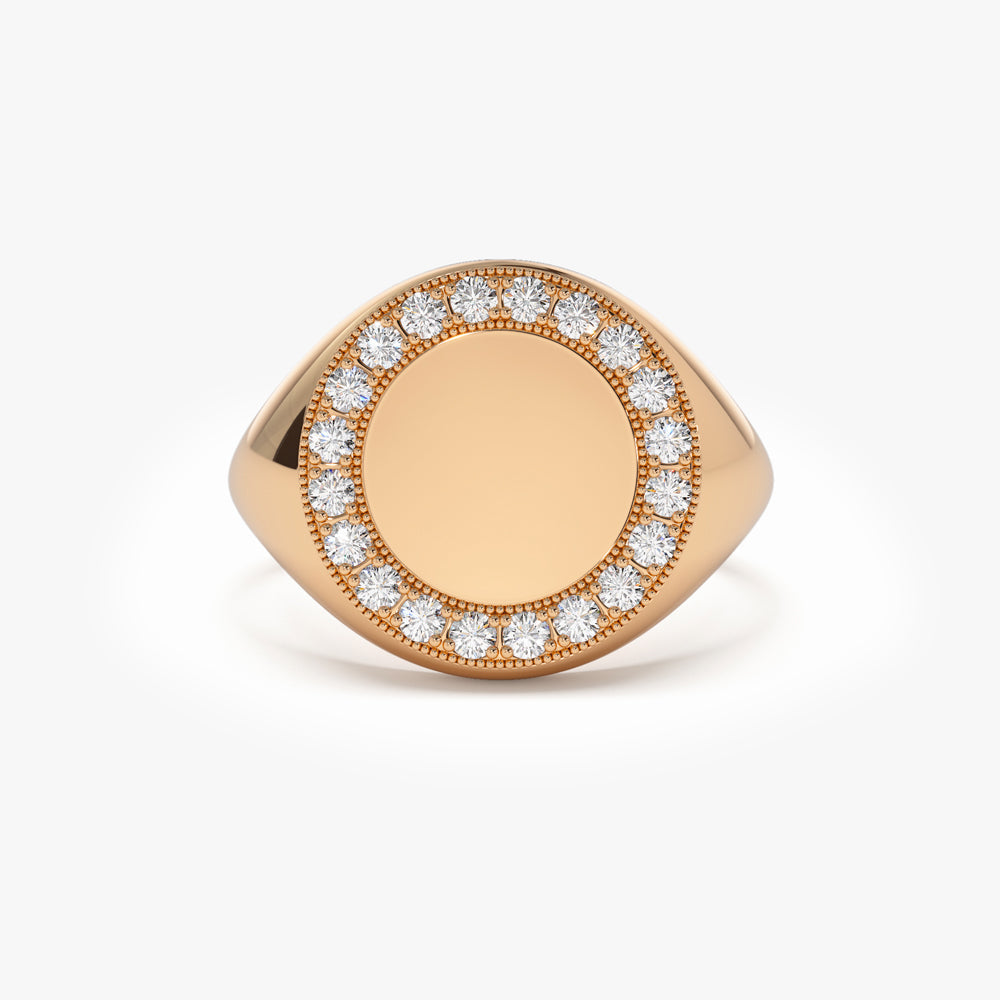 OBFJ1697 - 14K Gold Diamond Round Signet Ring 4