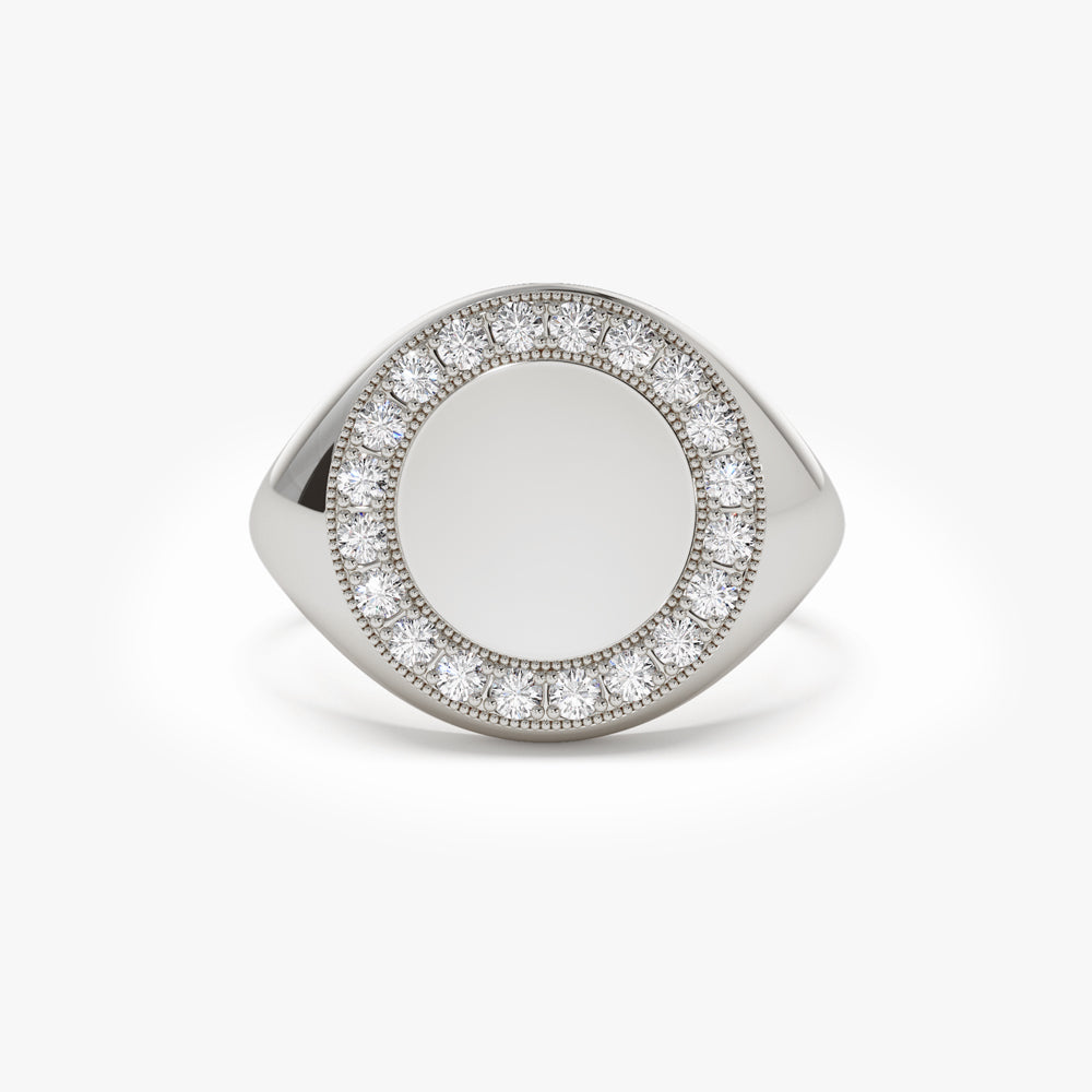 OBFJ1697 - 14K Gold Diamond Round Signet Ring 5