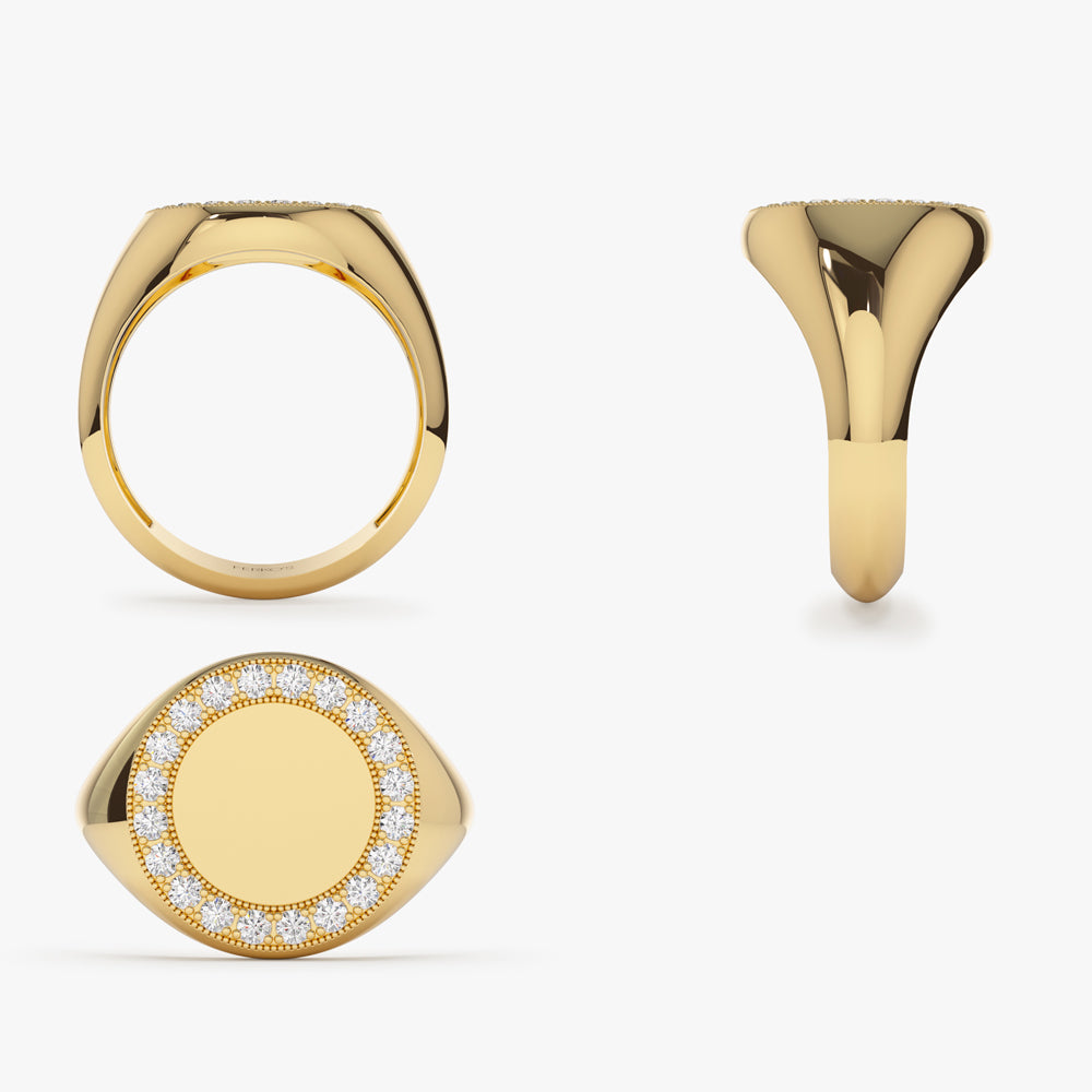 OBFJ1697 - 14K Gold Diamond Round Signet Ring 3