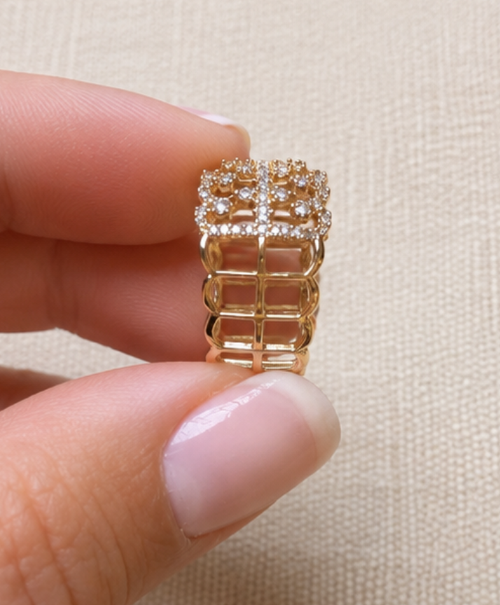 OBFJ0067 - 14K Gold Multi Row Open Gallery Diamond Statement Band Ring 3