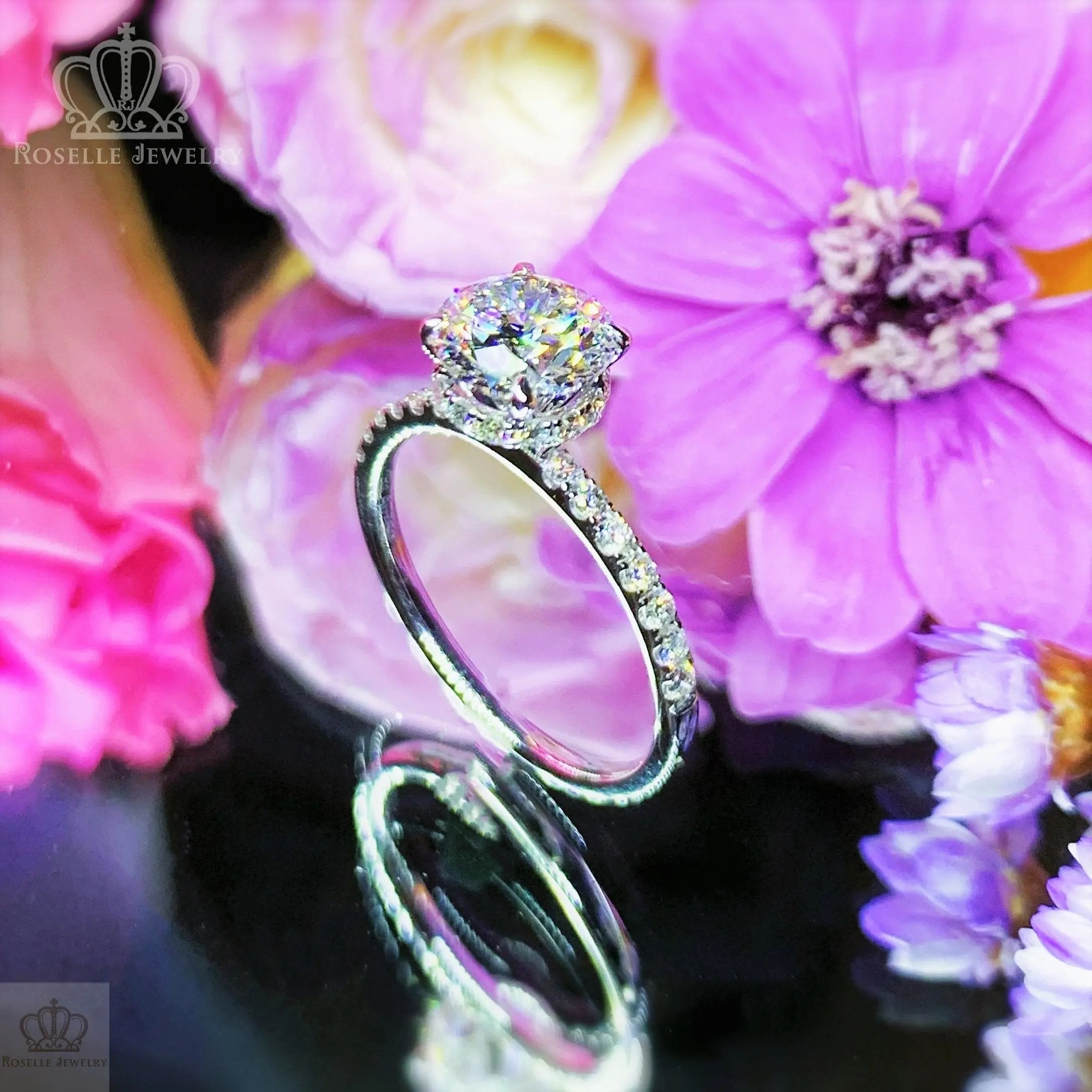 1.75CTW Halo Lab Grown Side Stone Diamond Engagement Ring - LGR010 - Roselle Jewelry