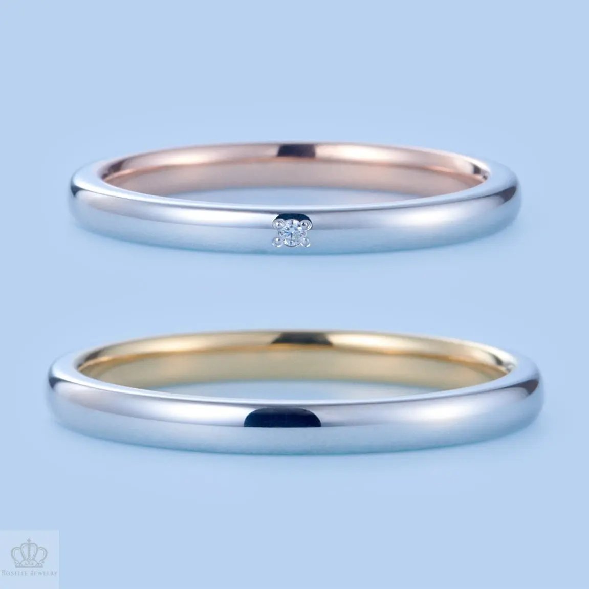 Japanese Style Two Tone Couple Diamond Wedding Ring Set - WM16 - Roselle Jewelry