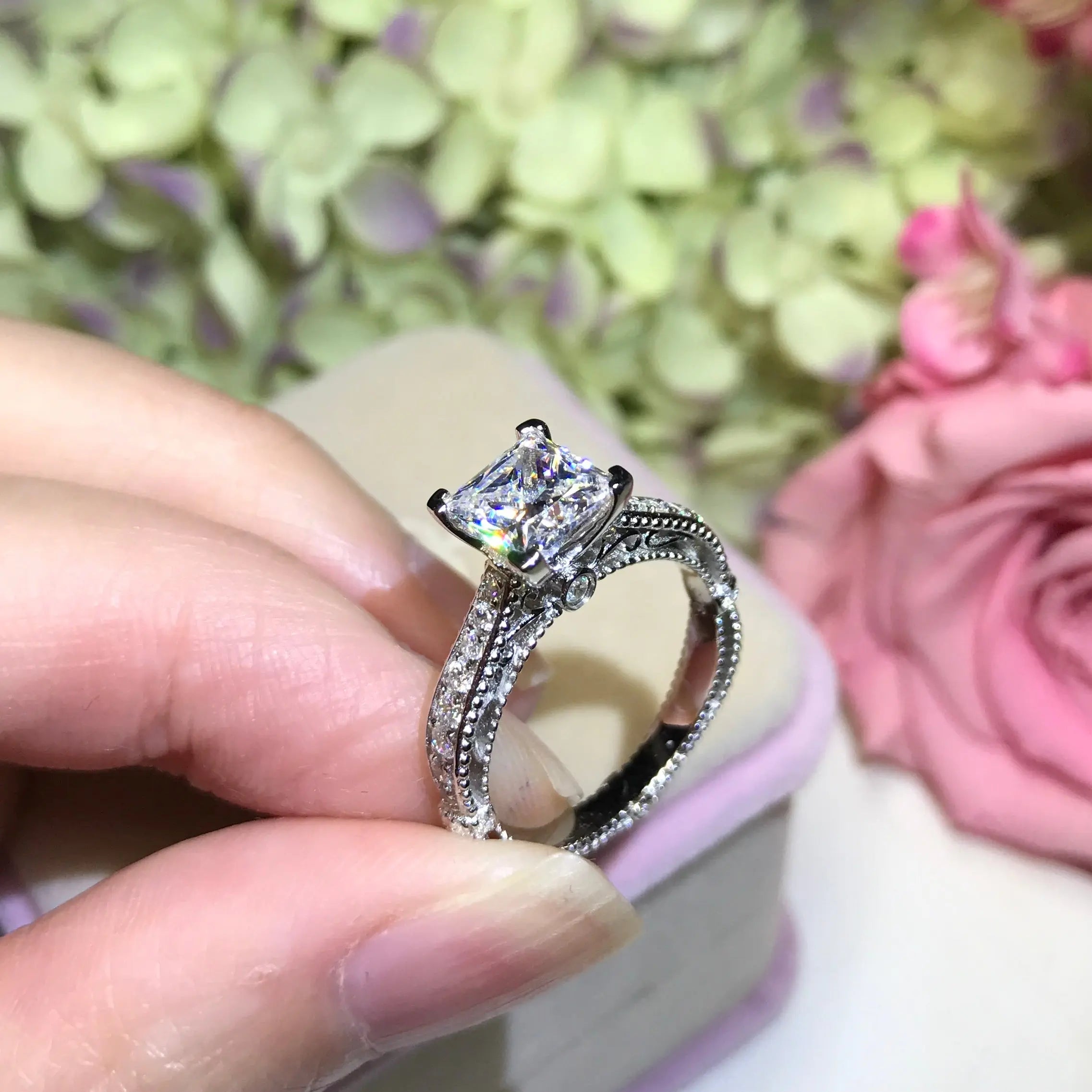 Princess Cut Vintage Engagement Ring - V15 - Roselle Jewelry