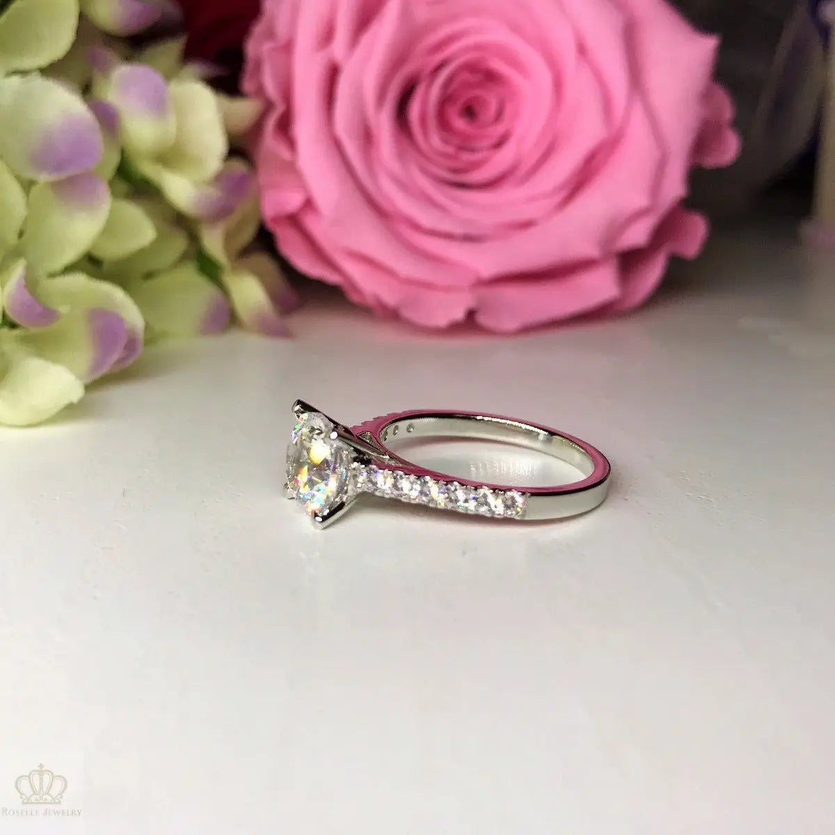 Four Prong Side Stone Engagement Ring - T14 - Roselle Jewelry