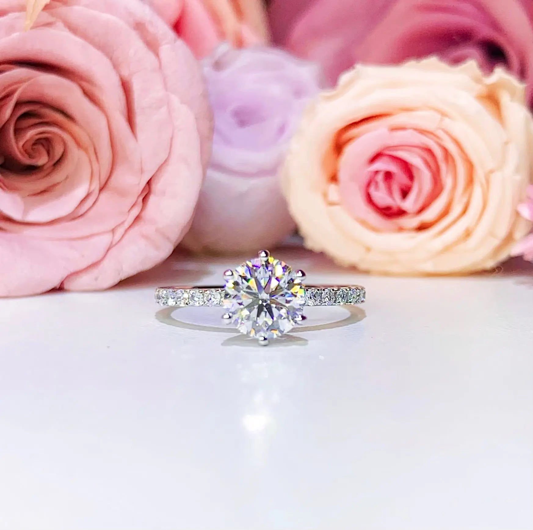 1.00CT Six Prong Lab Grown With Side Stone Diamond Ring - KT31 - Roselle Jewelry