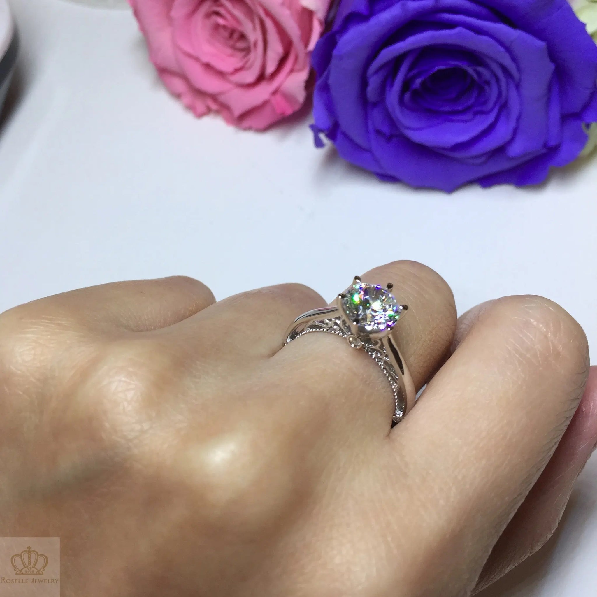 Six Prong Vintage Solitaire Engagement Ring - V14 - Roselle Jewelry