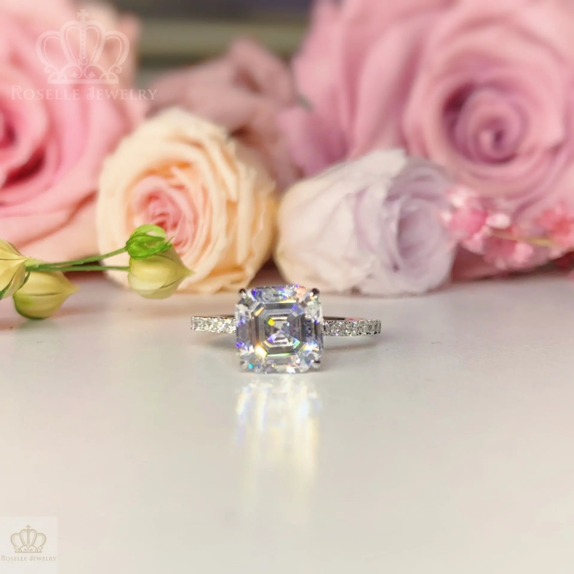 Asscher Cut Side Stone Engagement Ring - TA1 - Roselle Jewelry