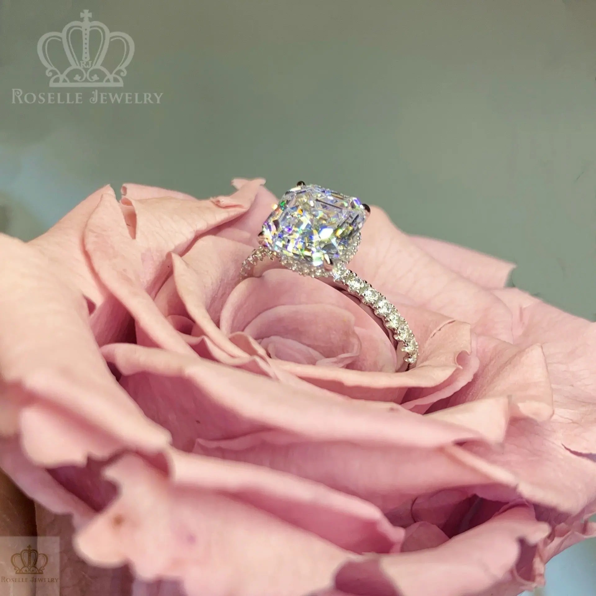 Asscher Cut Side Stone Engagement Ring - TA1 - Roselle Jewelry