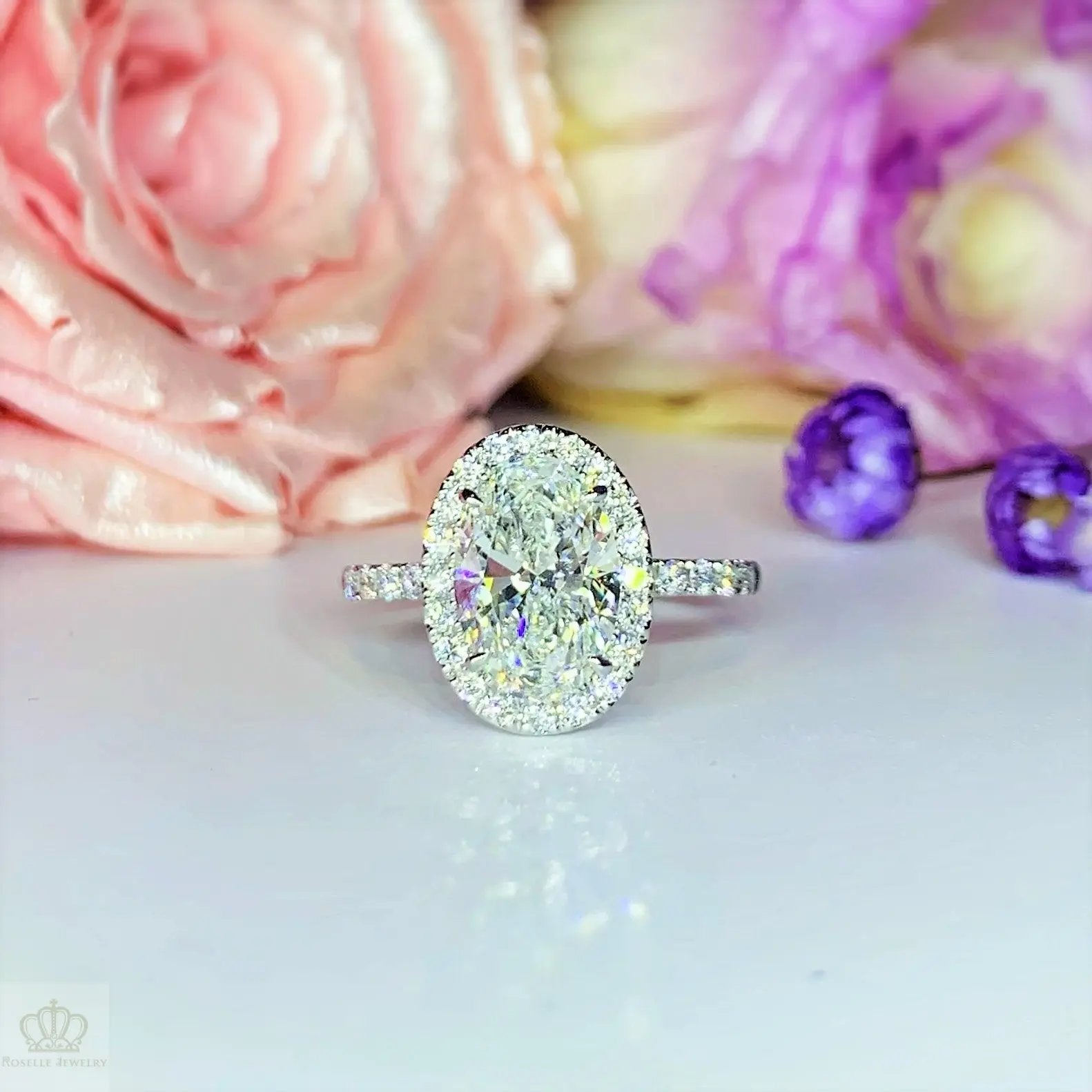 Oval Lab Grown With Side Stone Halo Engagement Diamond Ring - LGR021 CHARLISA™