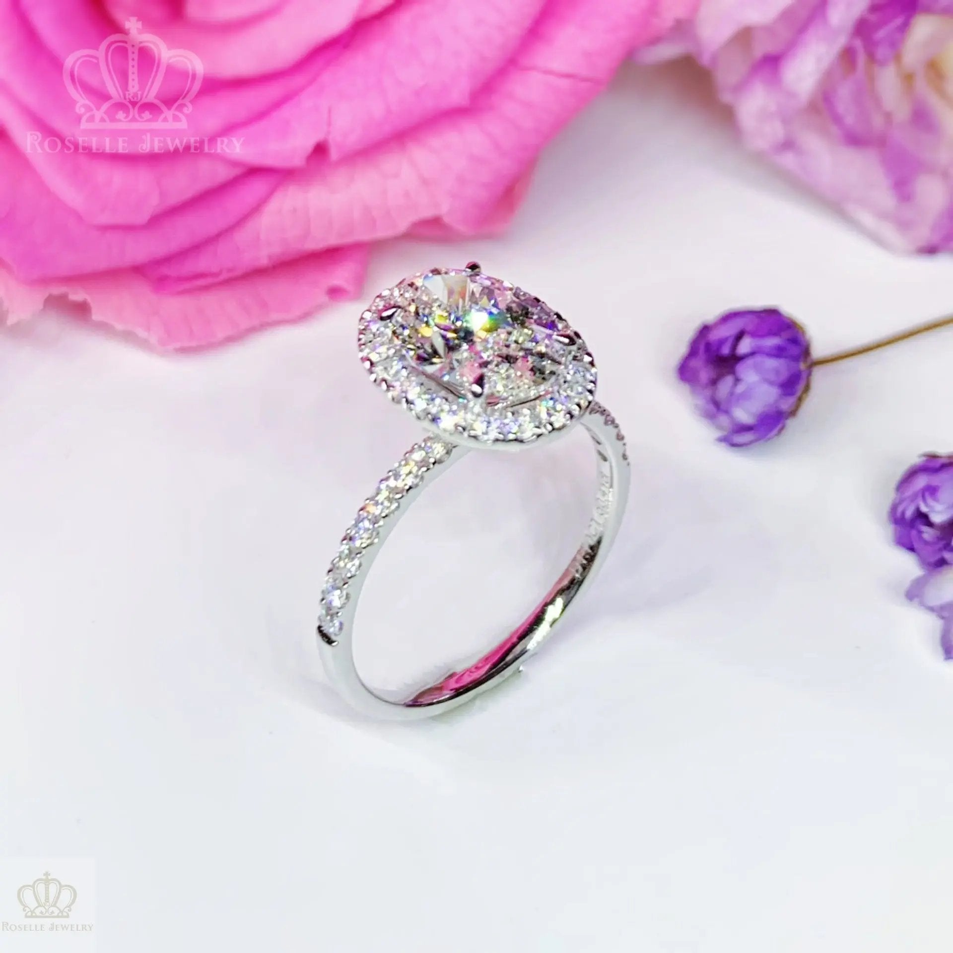 Oval Lab Grown With Side Stone Halo Engagement Diamond Ring - LGR021 CHARLISA™