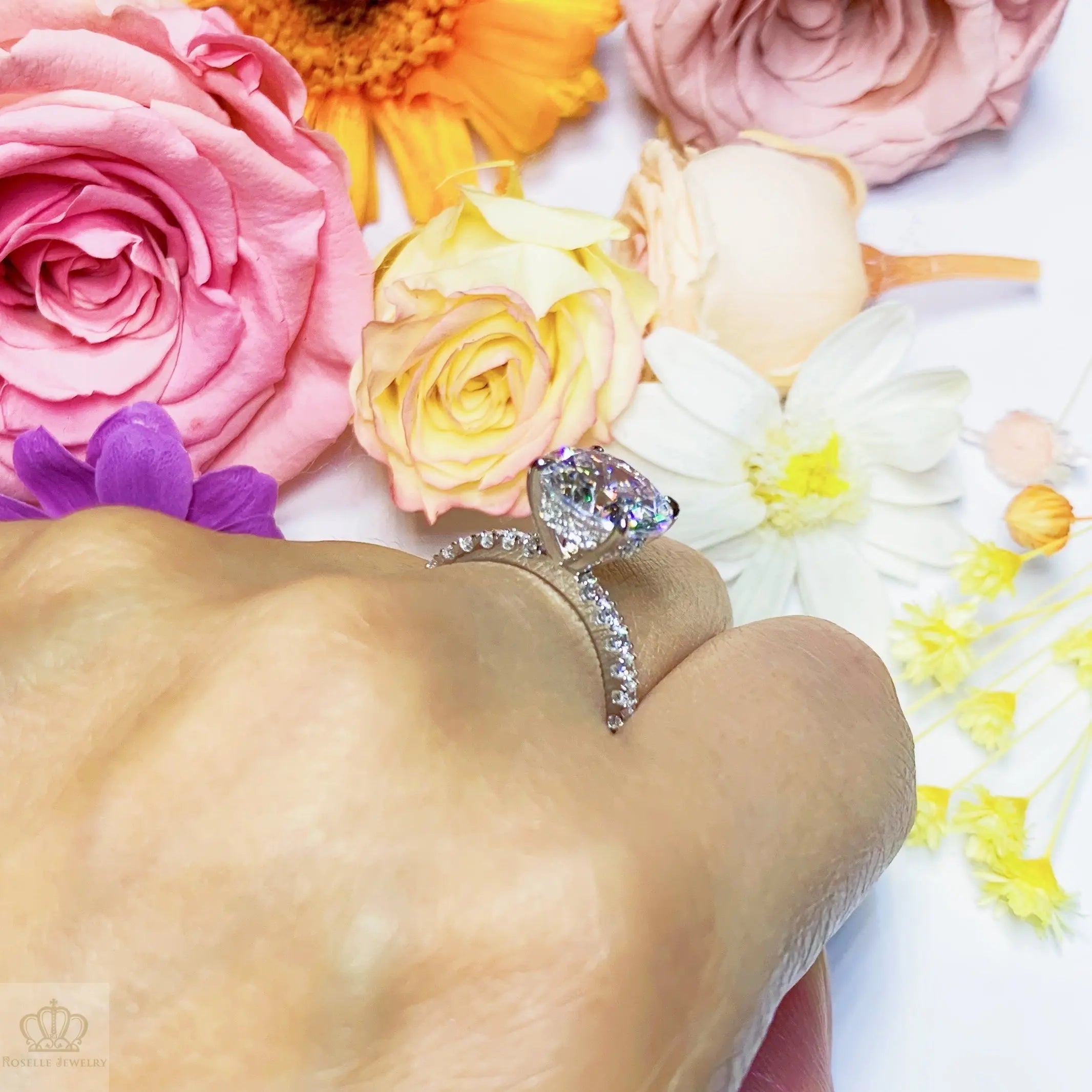 4.00CT Four Prong Side Stone Engagement Ring - T2 - Roselle Jewelry