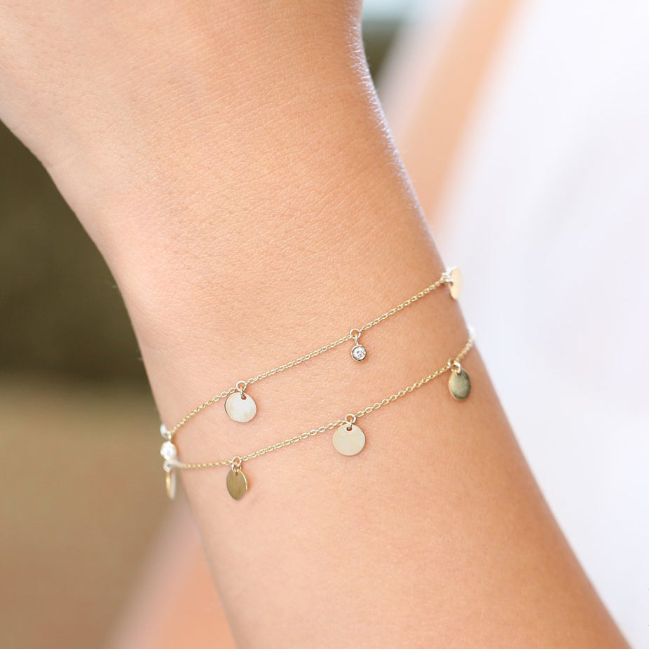 OBFJ1911 - Solid Gold Dangle Disc Bracelet bracelets in selectable metal and diamond options - Roselle Jewelry view 3