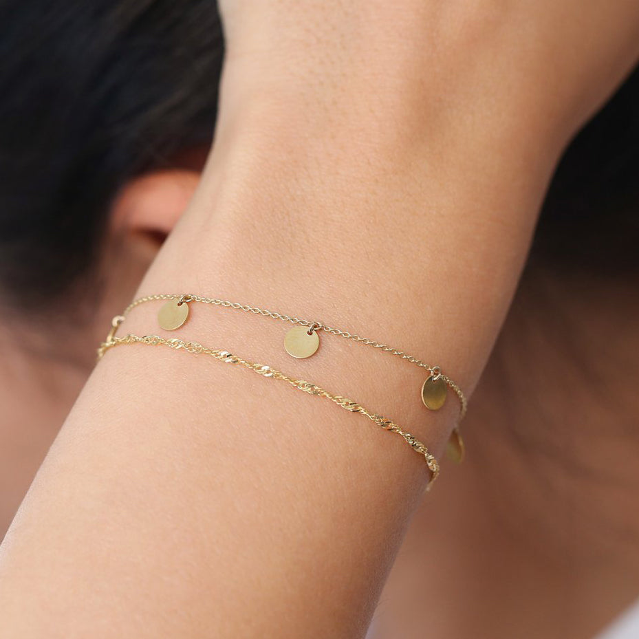 OBFJ1911 - Solid Gold Dangle Disc Bracelet bracelets in selectable metal and diamond options - Roselle Jewelry view 4