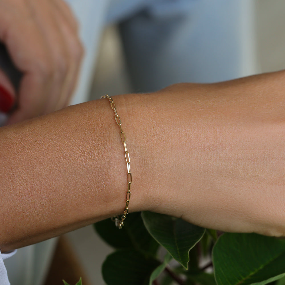 OBFJ2177 - Solid Gold Tiny Paper Clip Link Bracelet bracelets in selectable metal and diamond options - Roselle Jewelry view 4