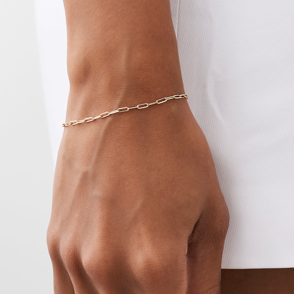 OBFJ2177 - Solid Gold Tiny Paper Clip Link Bracelet bracelets in selectable metal and diamond options - Roselle Jewelry view 2