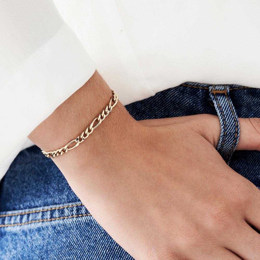 OBFJ2102 - Figaro Chain Bracelet bracelets in selectable metal and diamond options - Roselle Jewelry view 2