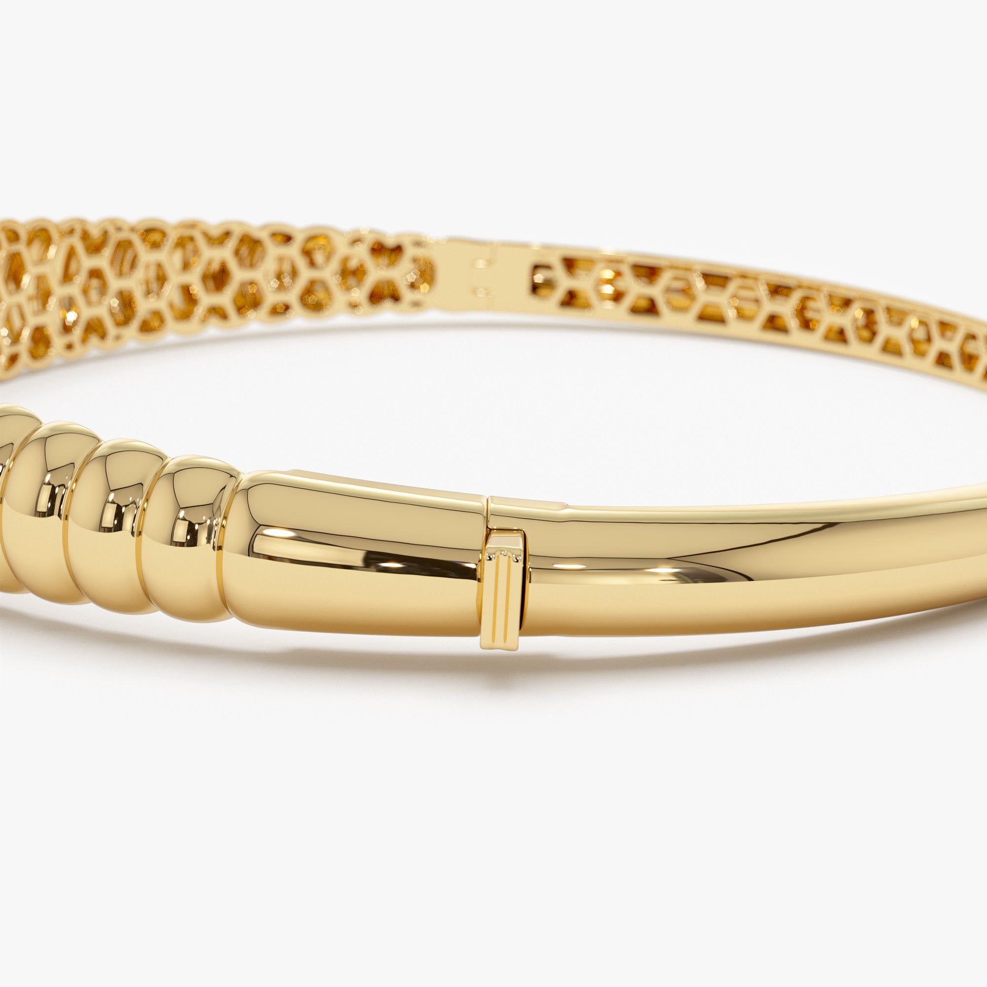 OBFJ1156 - 14k Chunky Ribbed Gold Bangle Bracelet 9