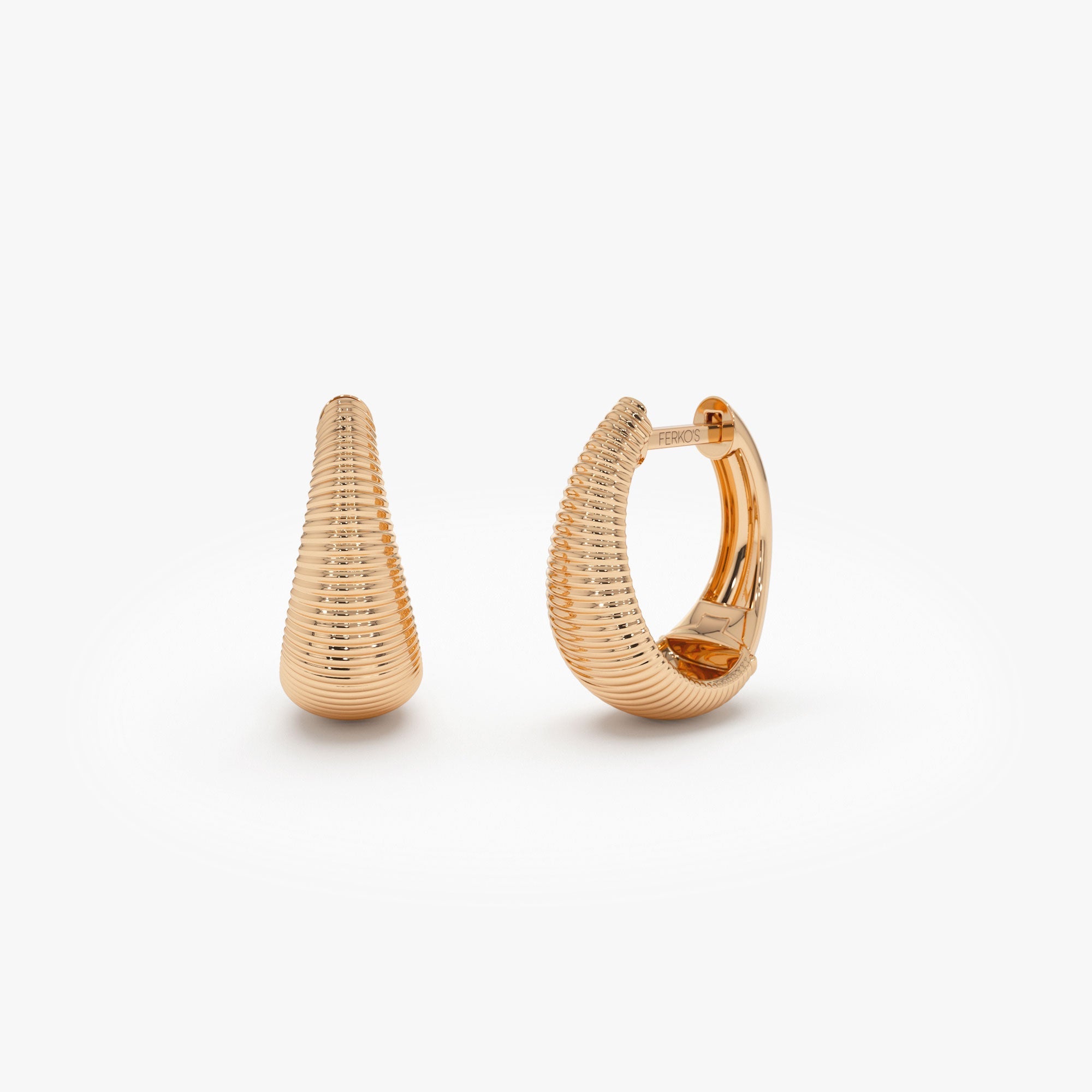 OBFJ1092 - 14k Gold Ribbed Teardrop Hoop Earrings 6