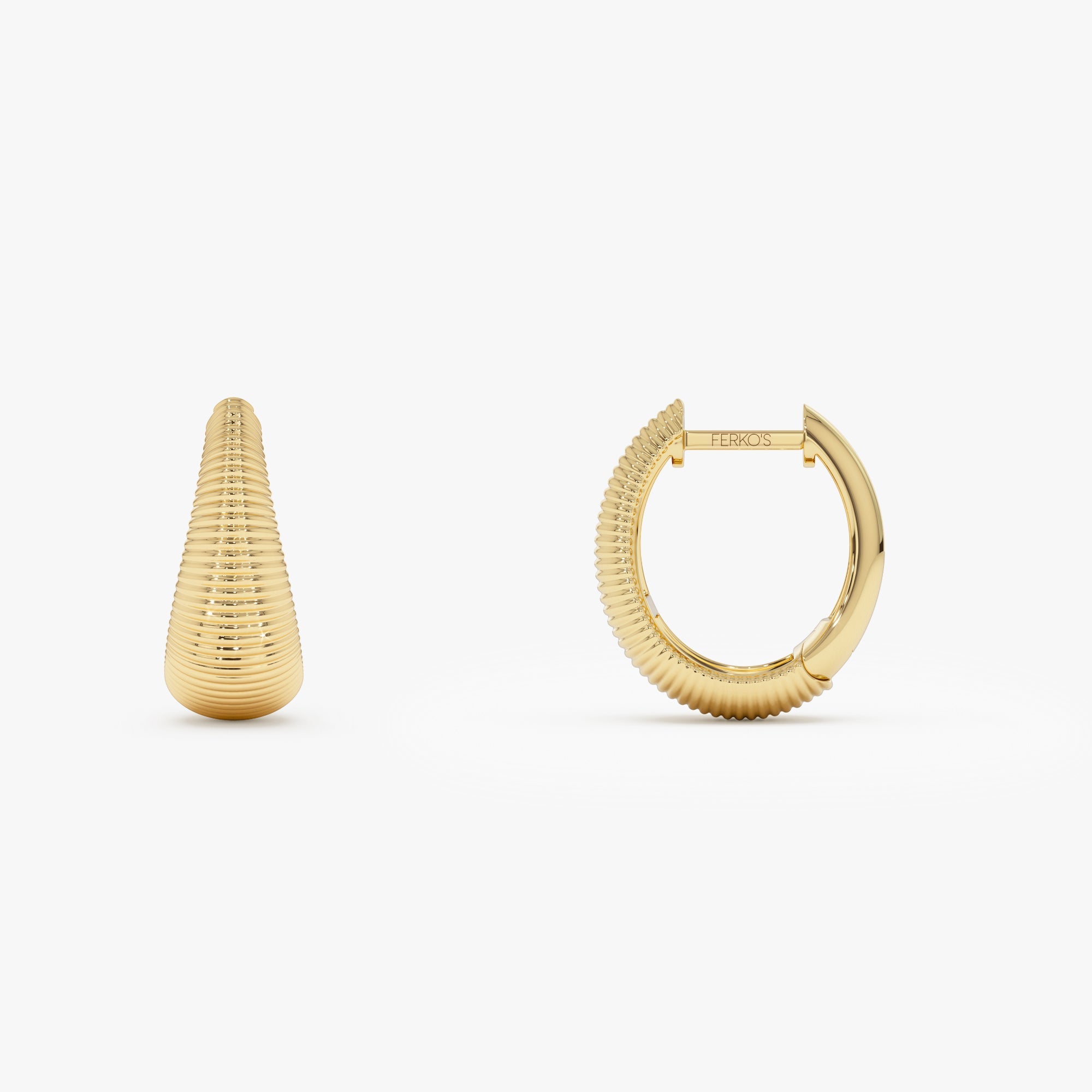 OBFJ1092 - 14k Gold Ribbed Teardrop Hoop Earrings 8