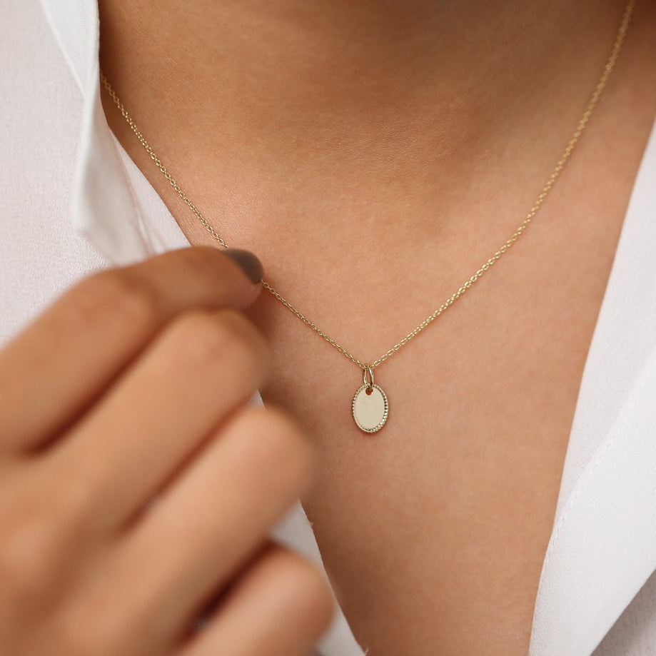 OBFJ1995 - Mini Oval Initial Tag with Twist Rope necklace in selectable metal and diamond options - Roselle Jewelry view 4